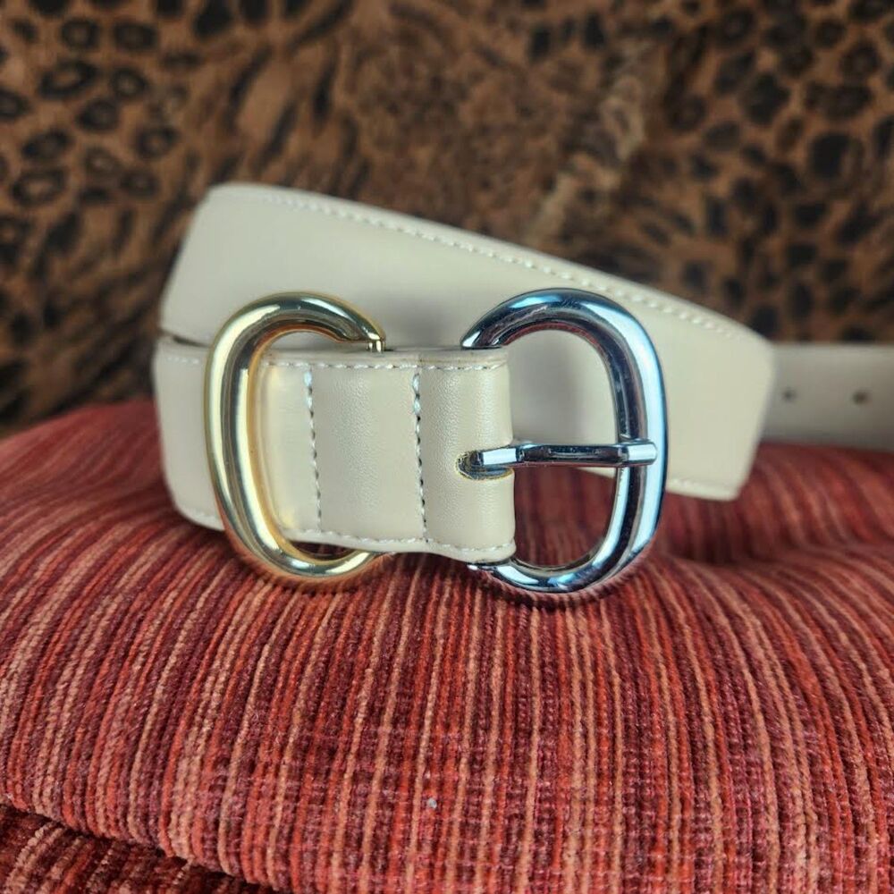 Women's Cream Colored Belt with Silver & Gold Buckle Size 34 Large